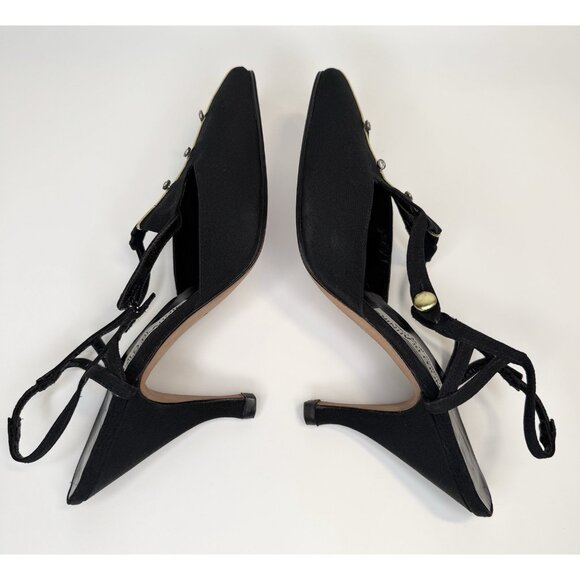 Vintage Manolo Blahnik Size 37 6 Heels Slingback Pointy Black Gold Fabric - Picture 7 of 16